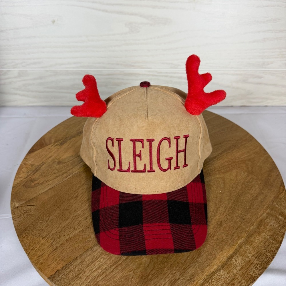 David and Young Sleigh Reindeer Antler Buffalo Plaid Snapback Hat Tan Red Hat